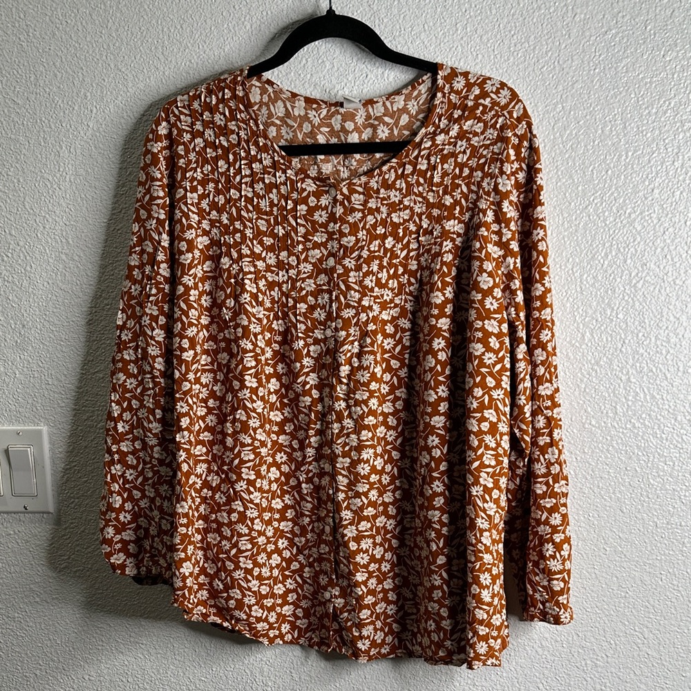 Old navy Floral Print Women's Top - tan Brown , White button down blouse SZ xxL